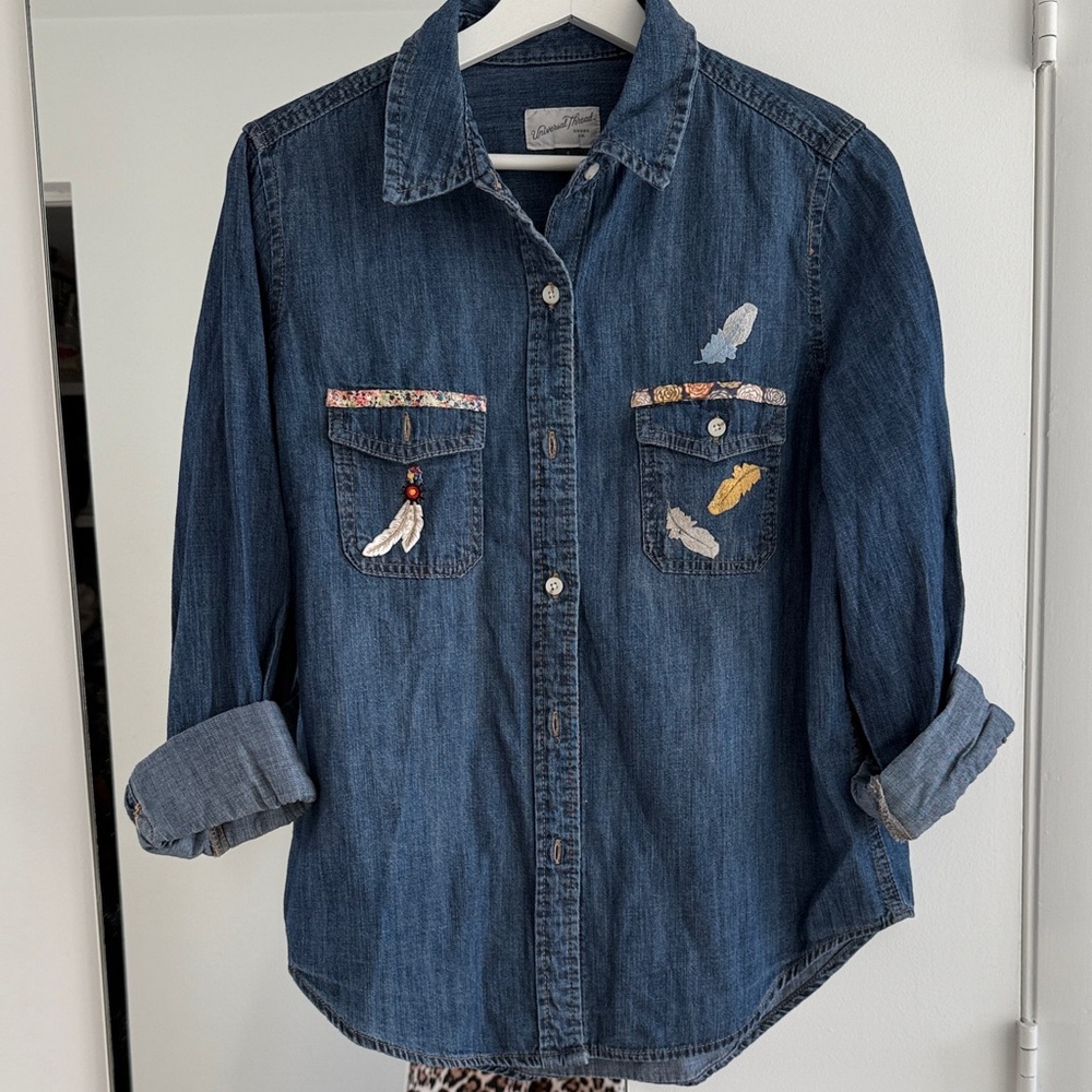 Denim Button-Up Shirt with feather patches